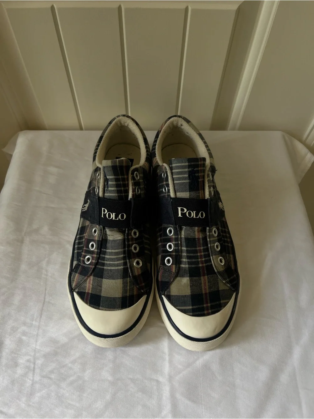 Polo by Ralph Lauren Men’s Plaid Slip-On Sneakers in Navy and Cream